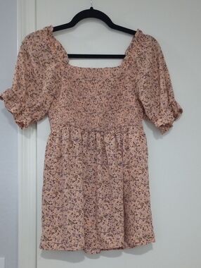 Peach Floral Smocked Puff Sleeve Mini Dress